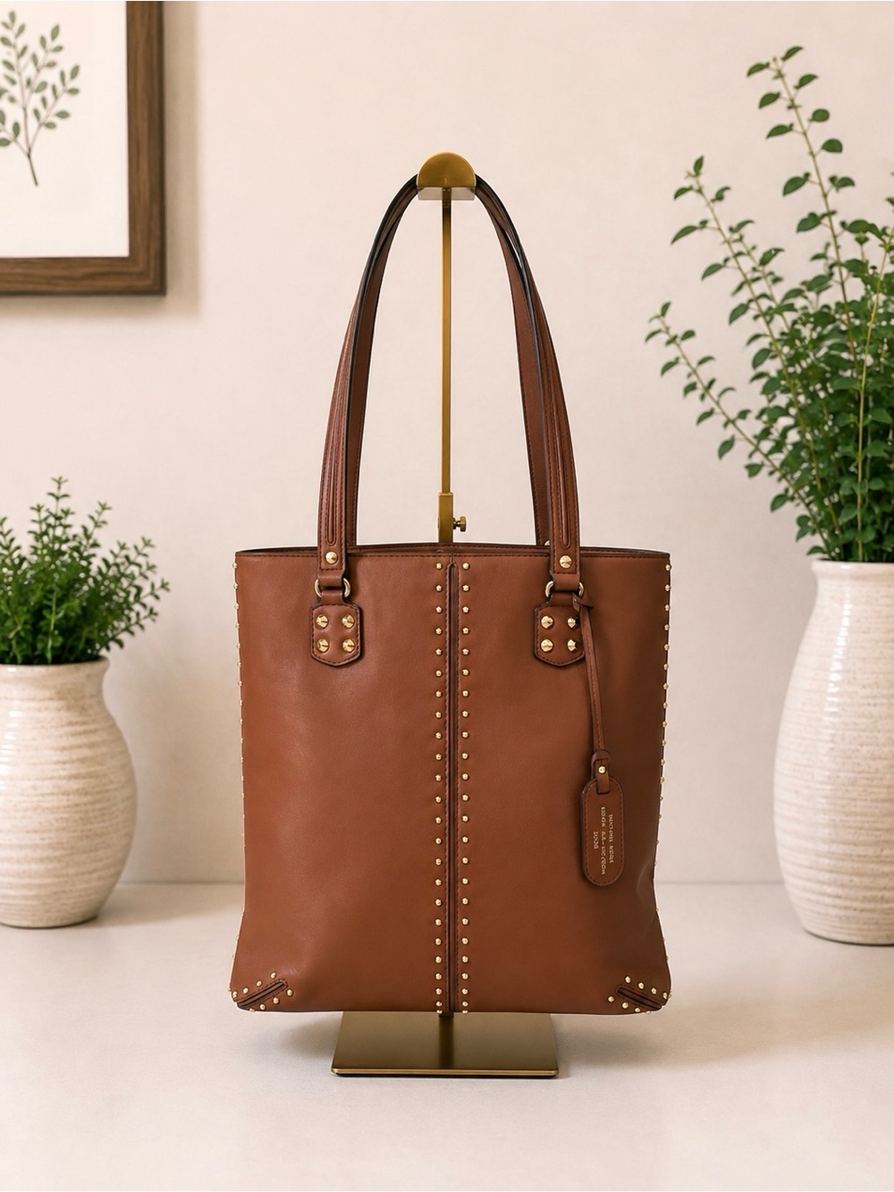 MICHAEL KORS Astor Re-Edition 2004 Studded Leather Tote Bag Luggage Brown Large